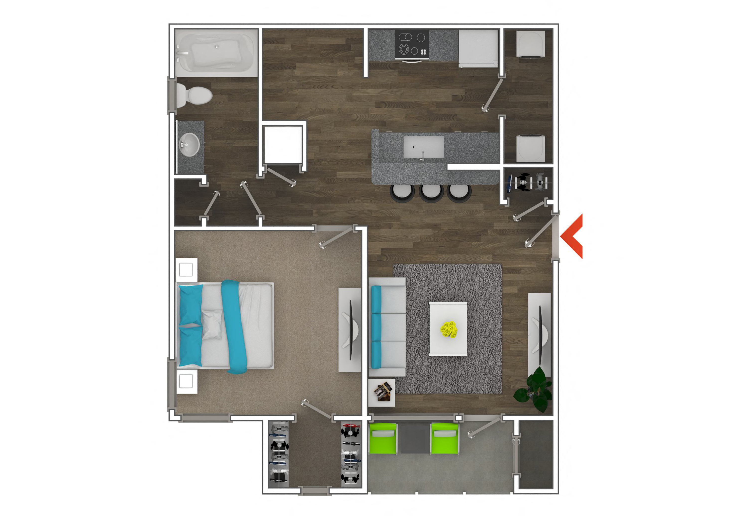 Floor plan for 1 bed, 1 bath, 725 sqft